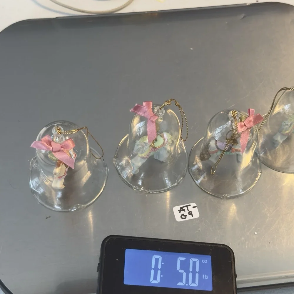 Vintage Set of 4 Clear Glass Bells with Carousel Horses Ornament Ruffled Edges‎